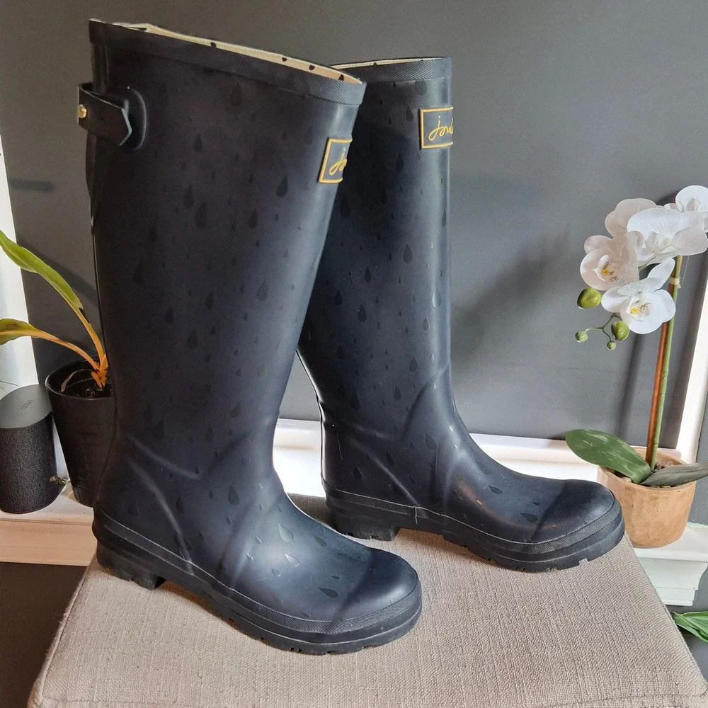 Joules Welly Print Rain Boots Navy Blue Raindrop Tall Waterproof Womens Size 7